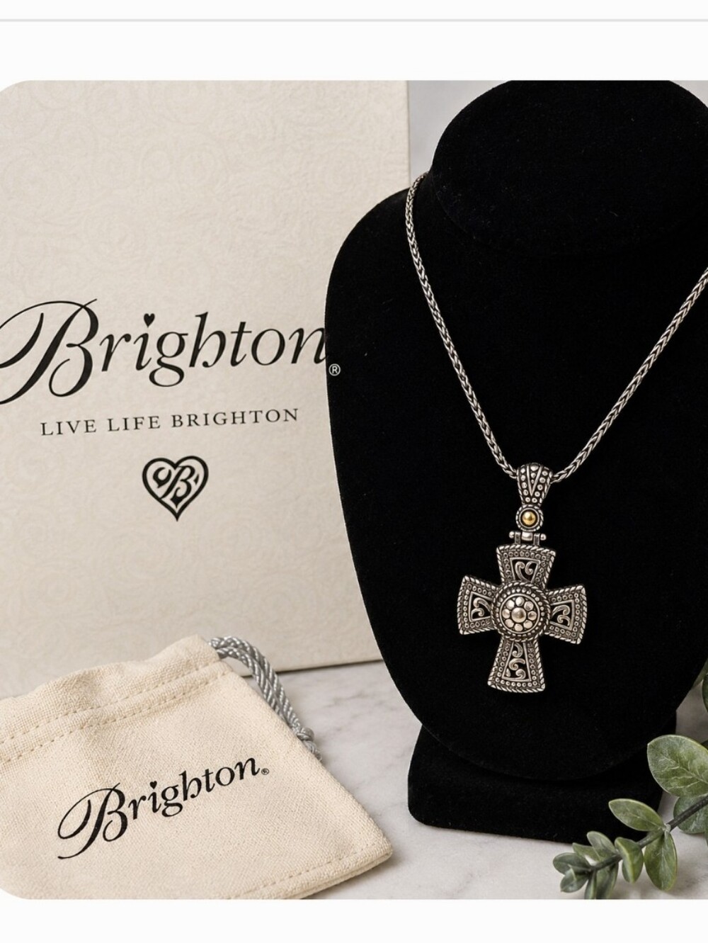 Retired Brighton Temple Cross Necklace Two Tone Silver Gold Pendant Vintage J461